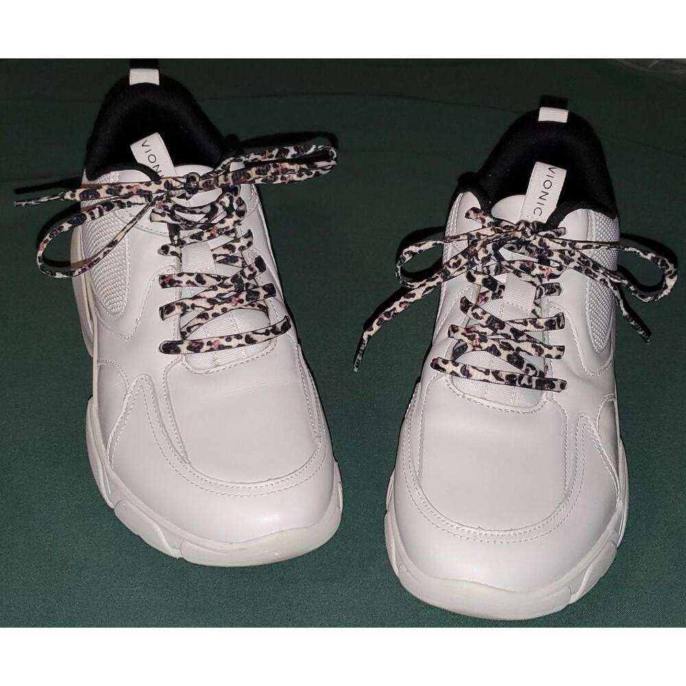 Vionic White Leather Sneakers with Leopard Print Laces